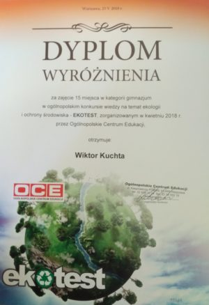 Wyróżnienie w&nbsp;Ogólnopolskim Konkursie EKOTEST