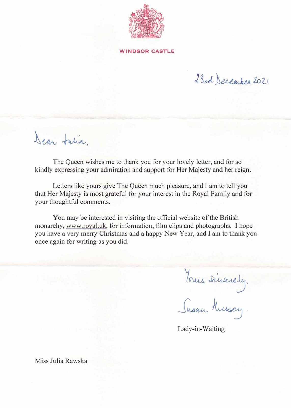 list od Królowej Elżbiety
