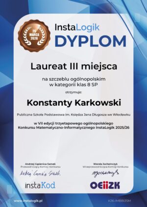 Konstanty Karkowski z&nbsp;kl. 8c SP laureatem konkursu InstaLogik